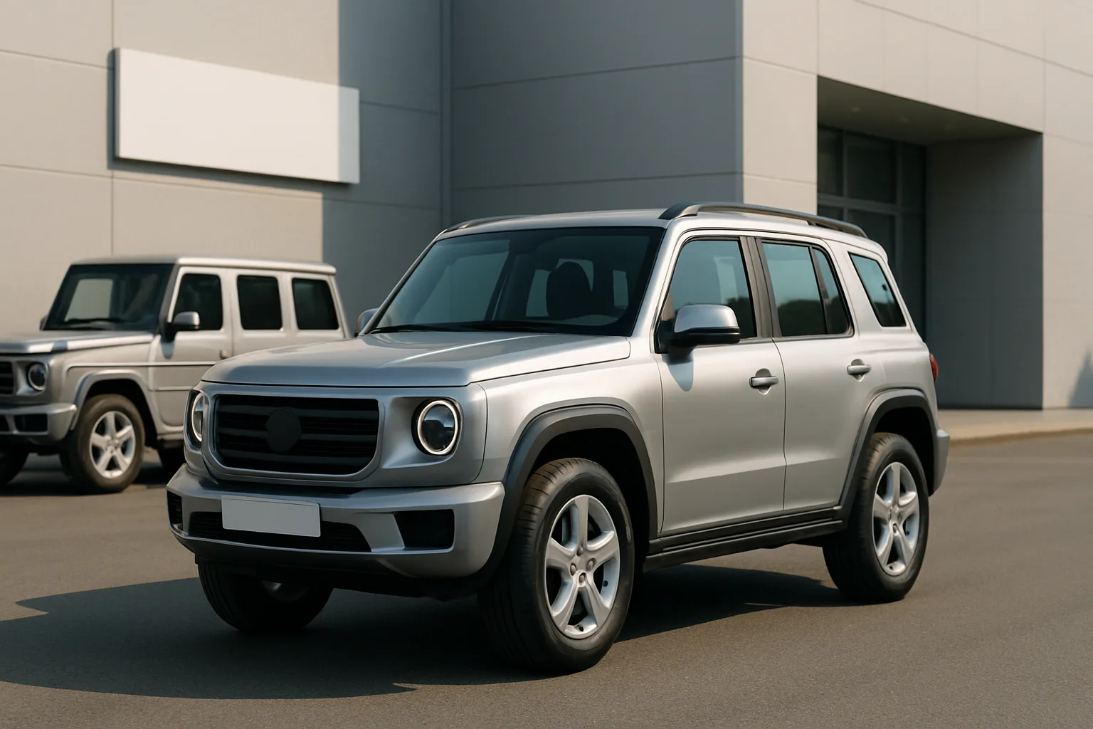 Compact silver SUV with rounded edges parked on asphalt near a modern grey building, another vehicle in the background