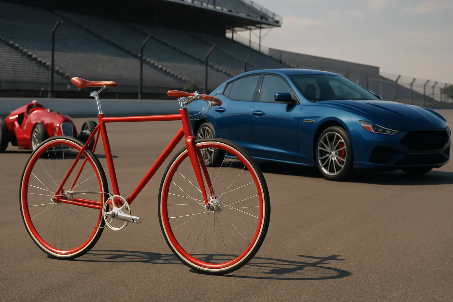 A red single-speed bicycle with silver accents stands on a racetrack beside a blue sedan and a vintage red car in sunlight