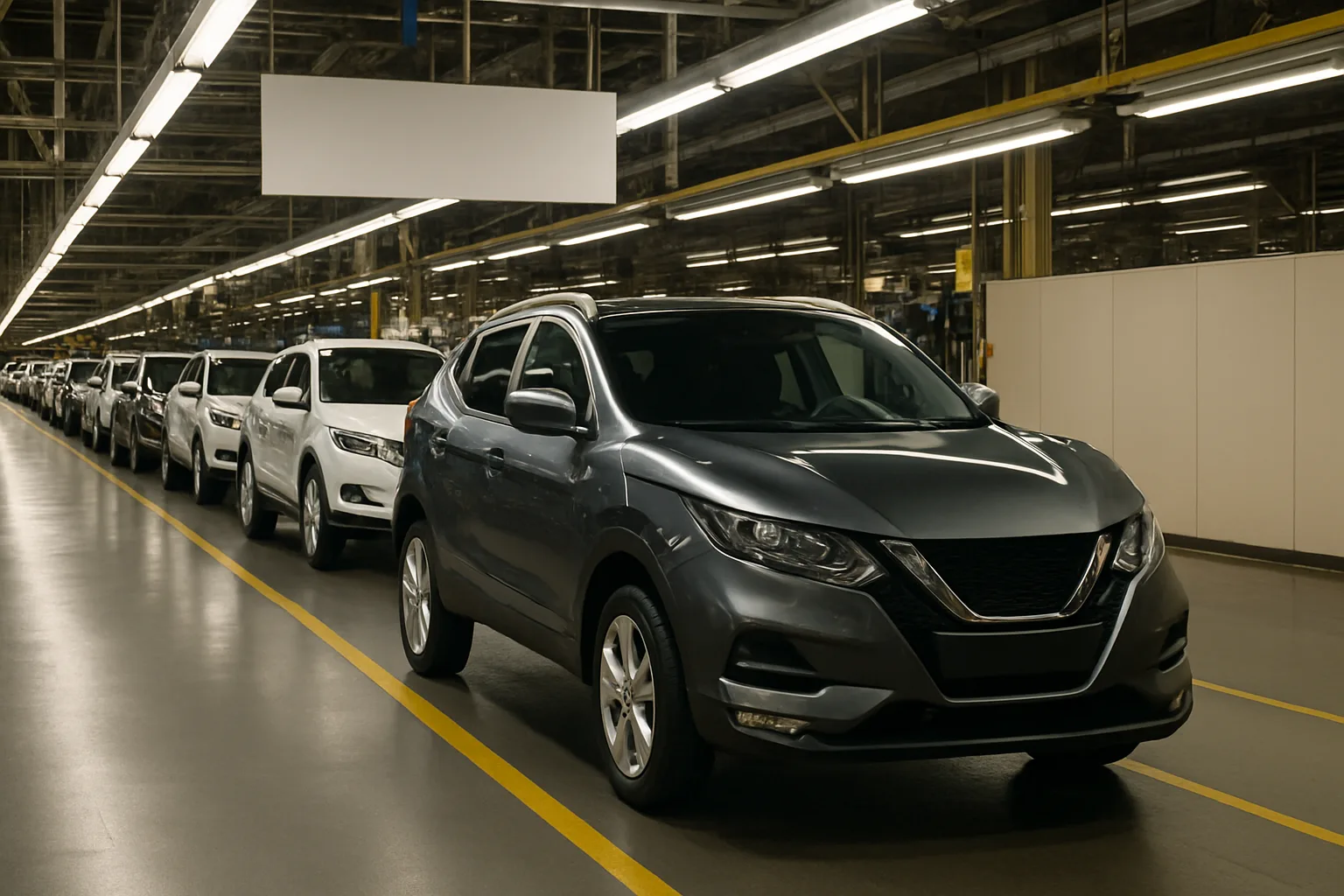 A row of new silver and white SUVs lines an illuminated car factory floor with yellow beams and overhead lighting