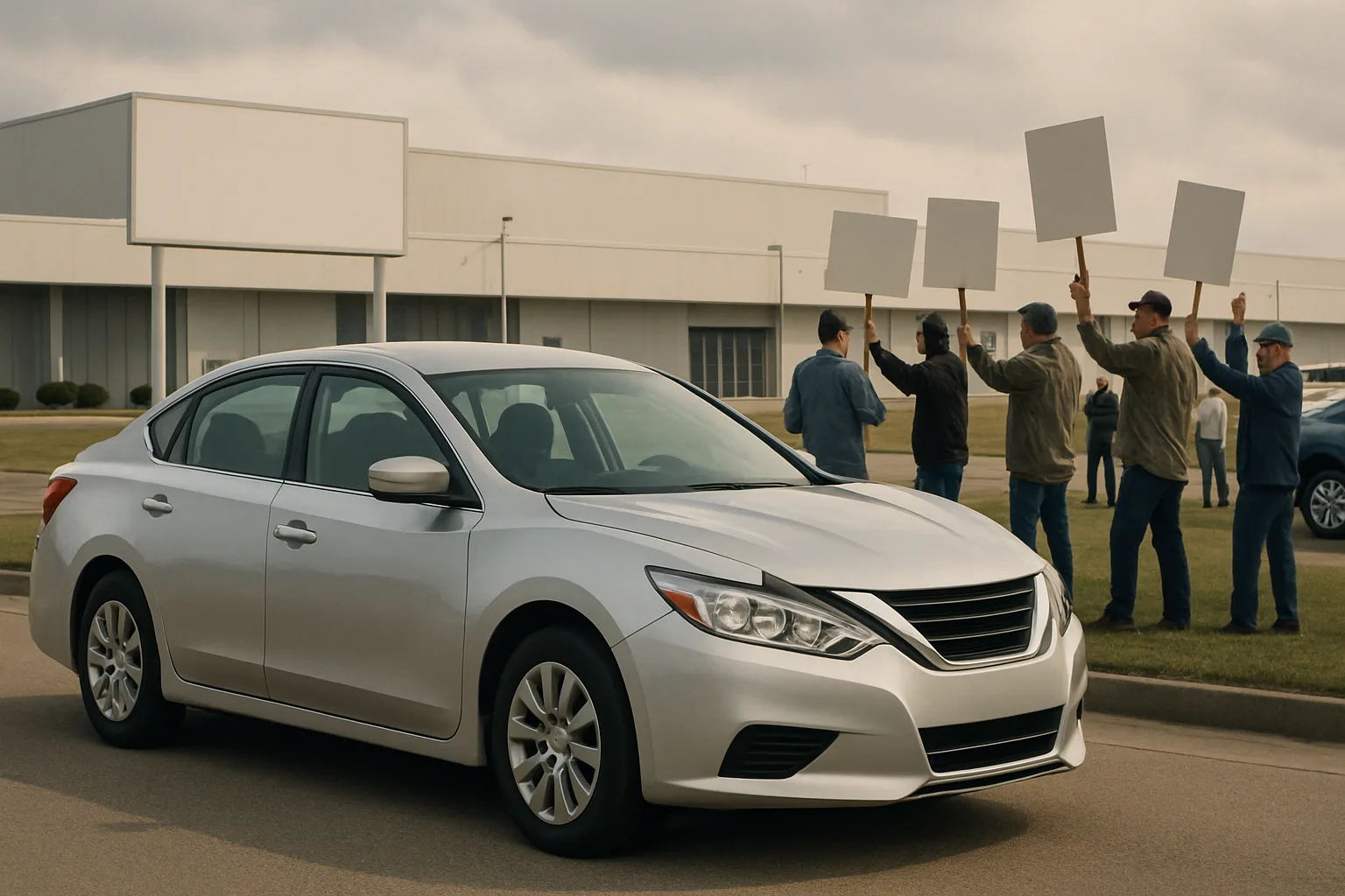 A silver sedan parked in front of a large industrial building with five people holding blank protest signs in the background