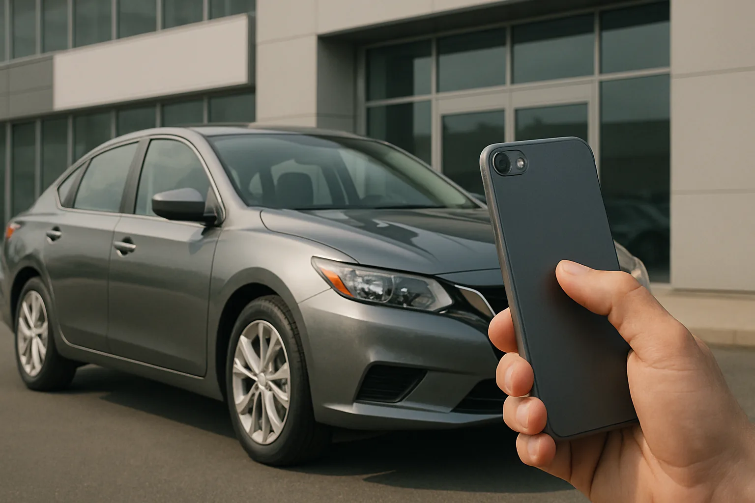 A hand holding a black smartphone in the foreground, with a parked silver sedan and grey building in the background