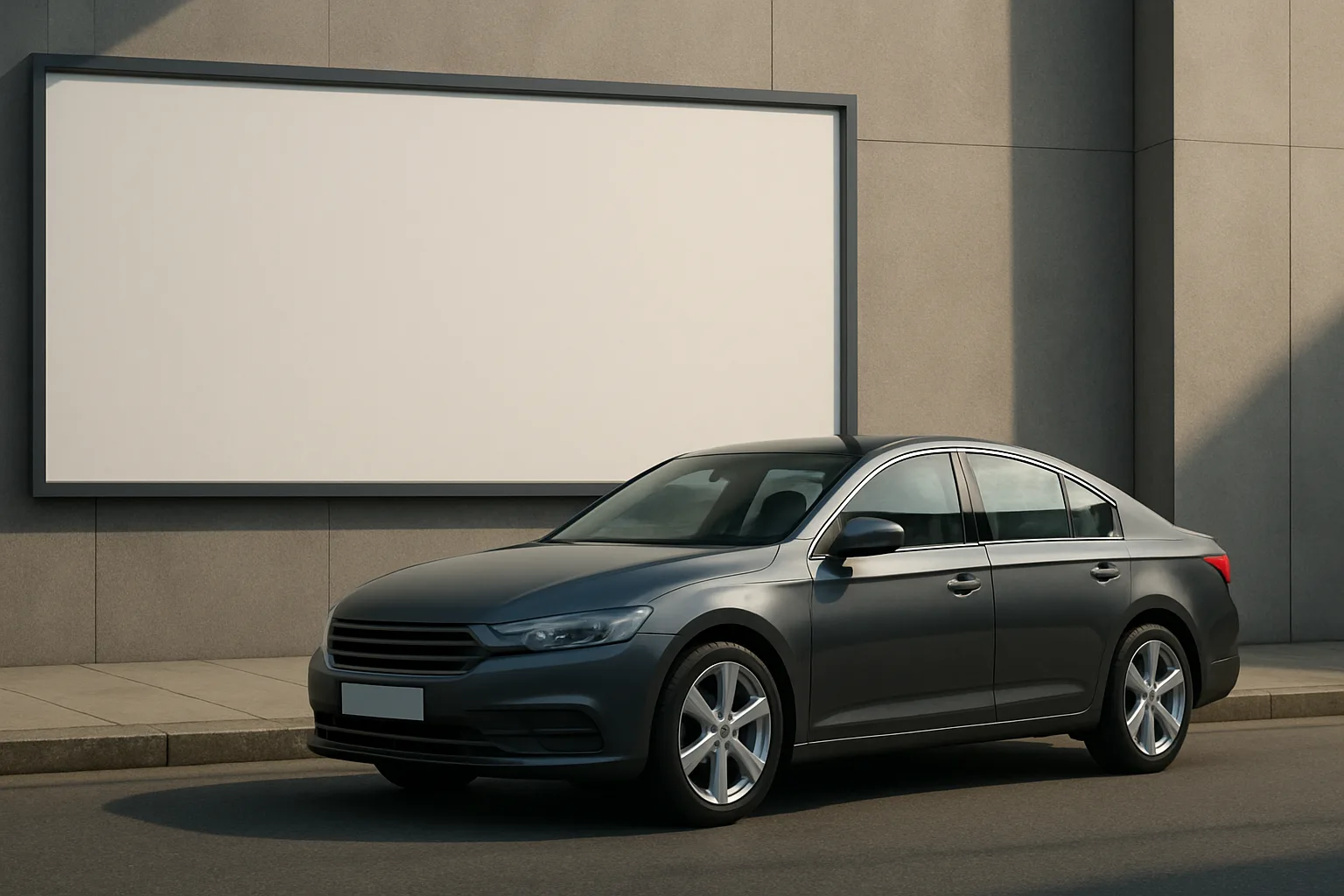 Sleek grey sedan parked on a sunlit street beside a large blank billboard and a modern concrete wall