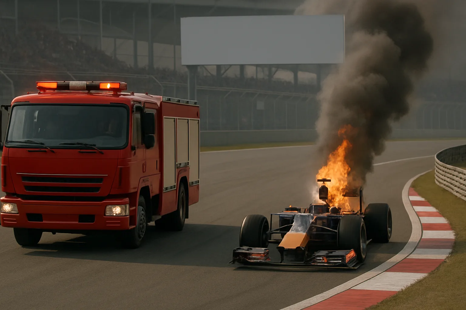 A red fire truck with flashing lights approaches a smoking, burning race car on a racetrack under overcast skies