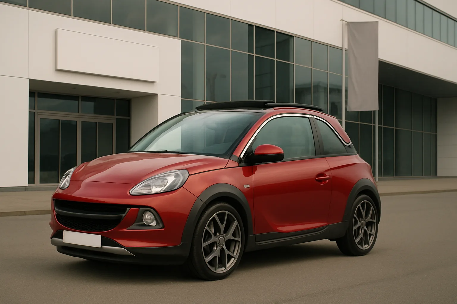 Compact red car with black roof and wheel arches parked on grey pavement outside a modern glass-fronted building