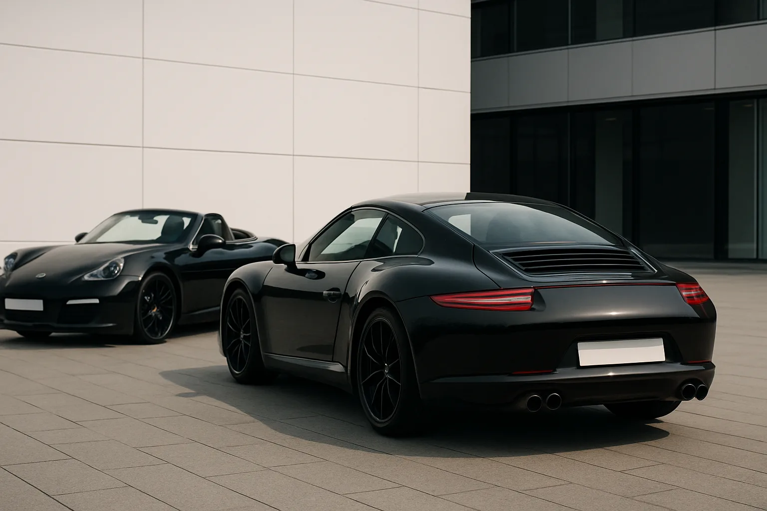 Two sleek black sports cars with tinted windows parked on pale stone tiles beside a modern glass and white-panel building