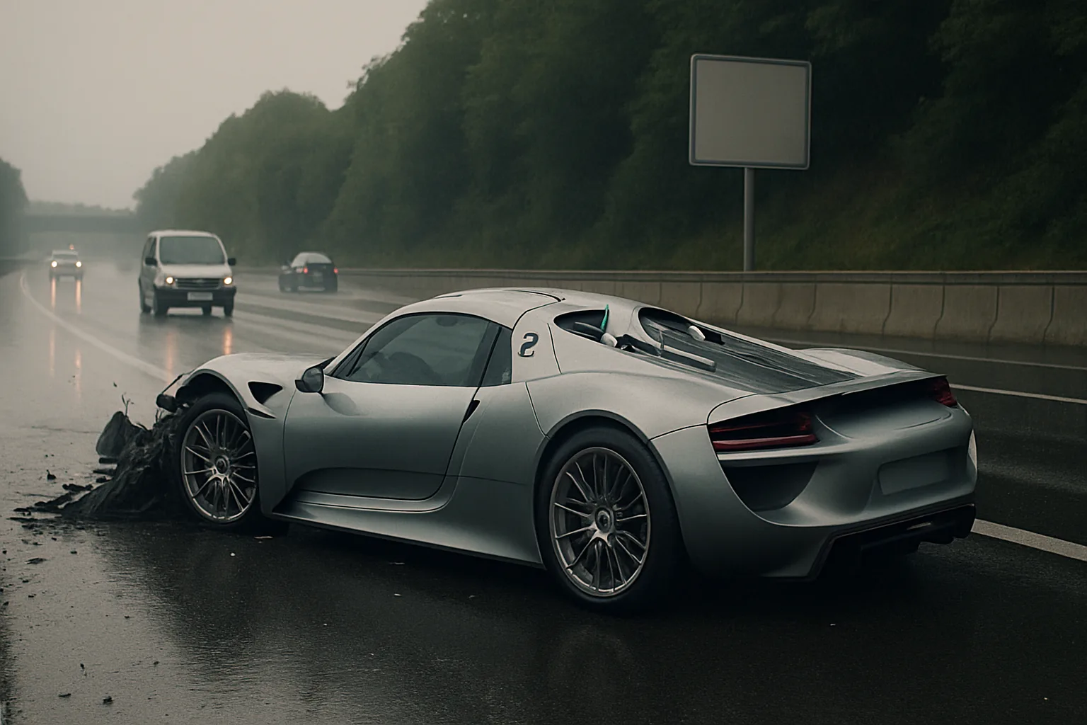 Silver sports car with damaged front on wet highway, overcast sky, trees and other vehicles in the background