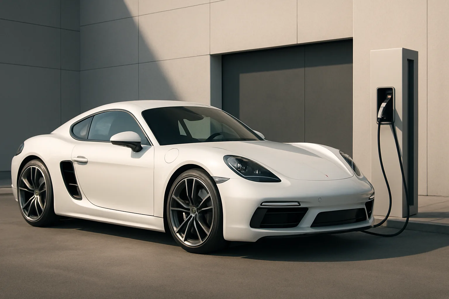 Sleek white sports coupe with tinted windows plugged into a slim charging station beside a modern concrete building
