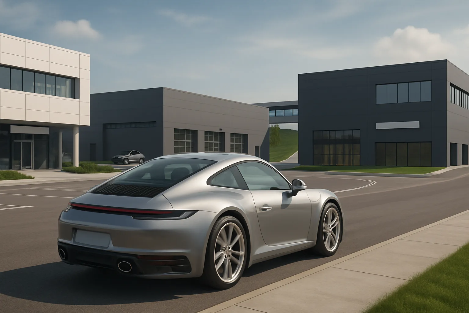A sleek silver sports car on a wide road flanked by modern grey and white office buildings under a bright blue sky