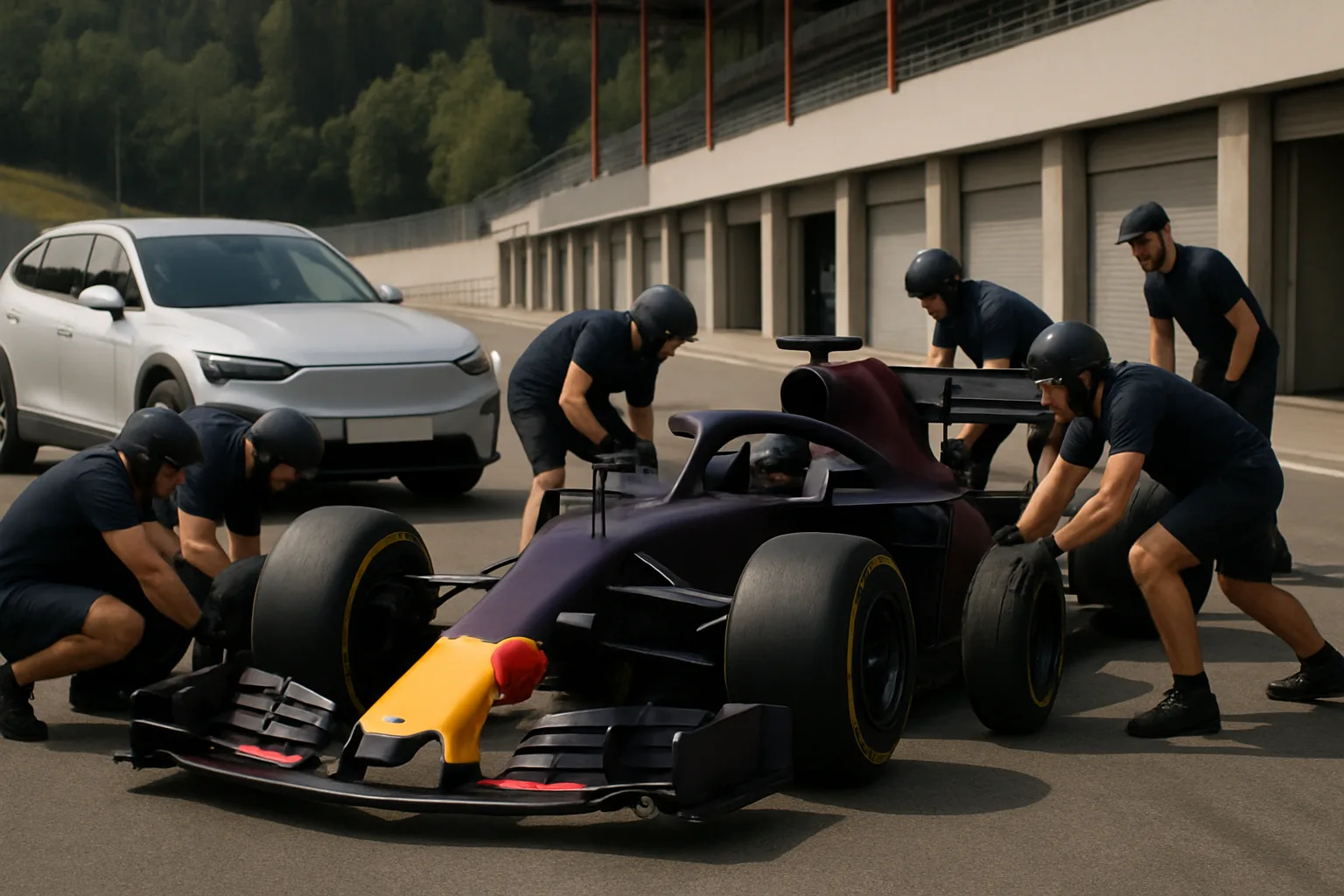 Pit crew in navy uniforms and helmets work on a matte dark race car beside a white SUV on a sunlit track
