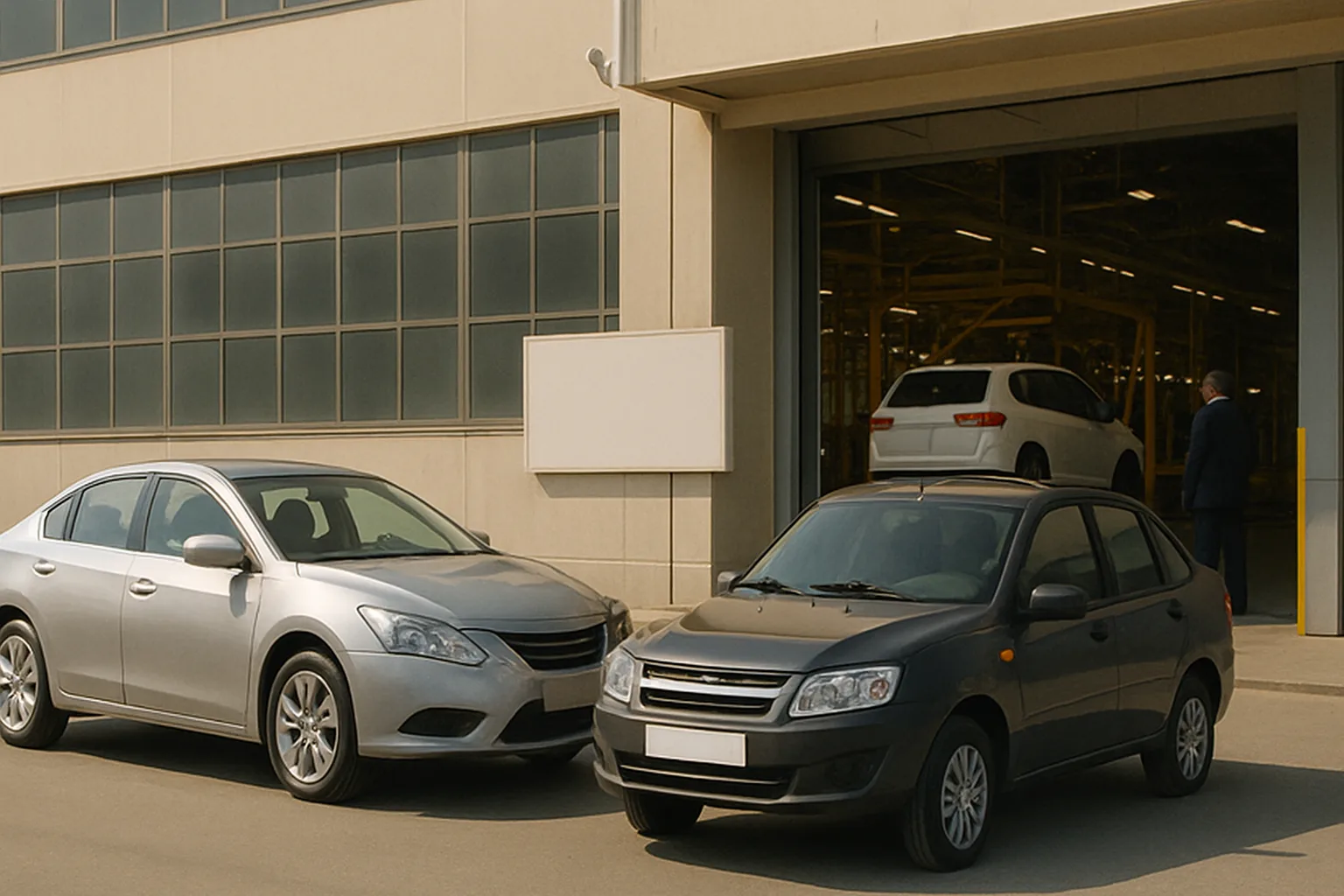 Two generic sedans parked outside a beige industrial building, with a car visible inside through a large open doorway