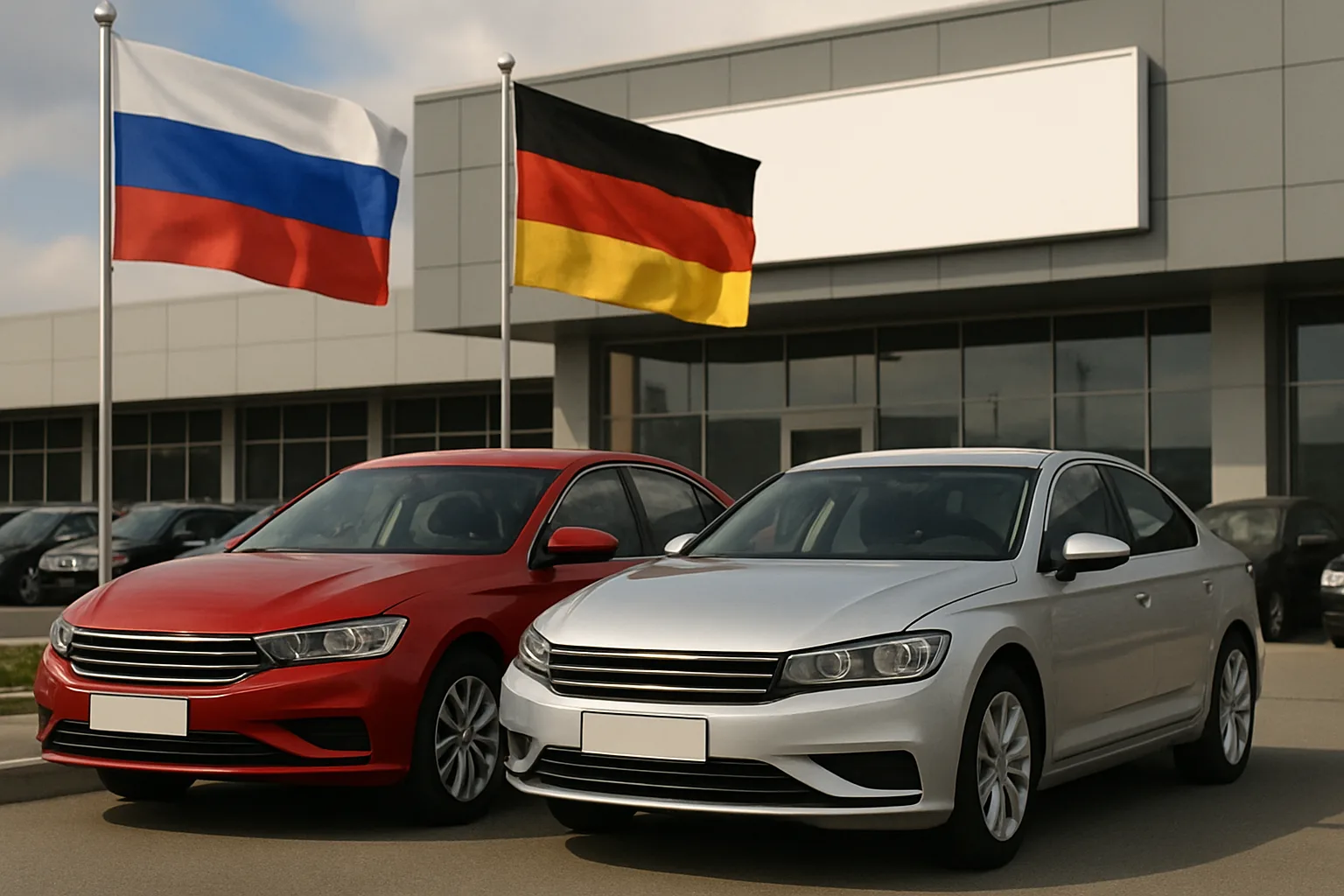Two modern sedans parked side by side outside a grey building, with Russian and German flags on tall poles fluttering above
