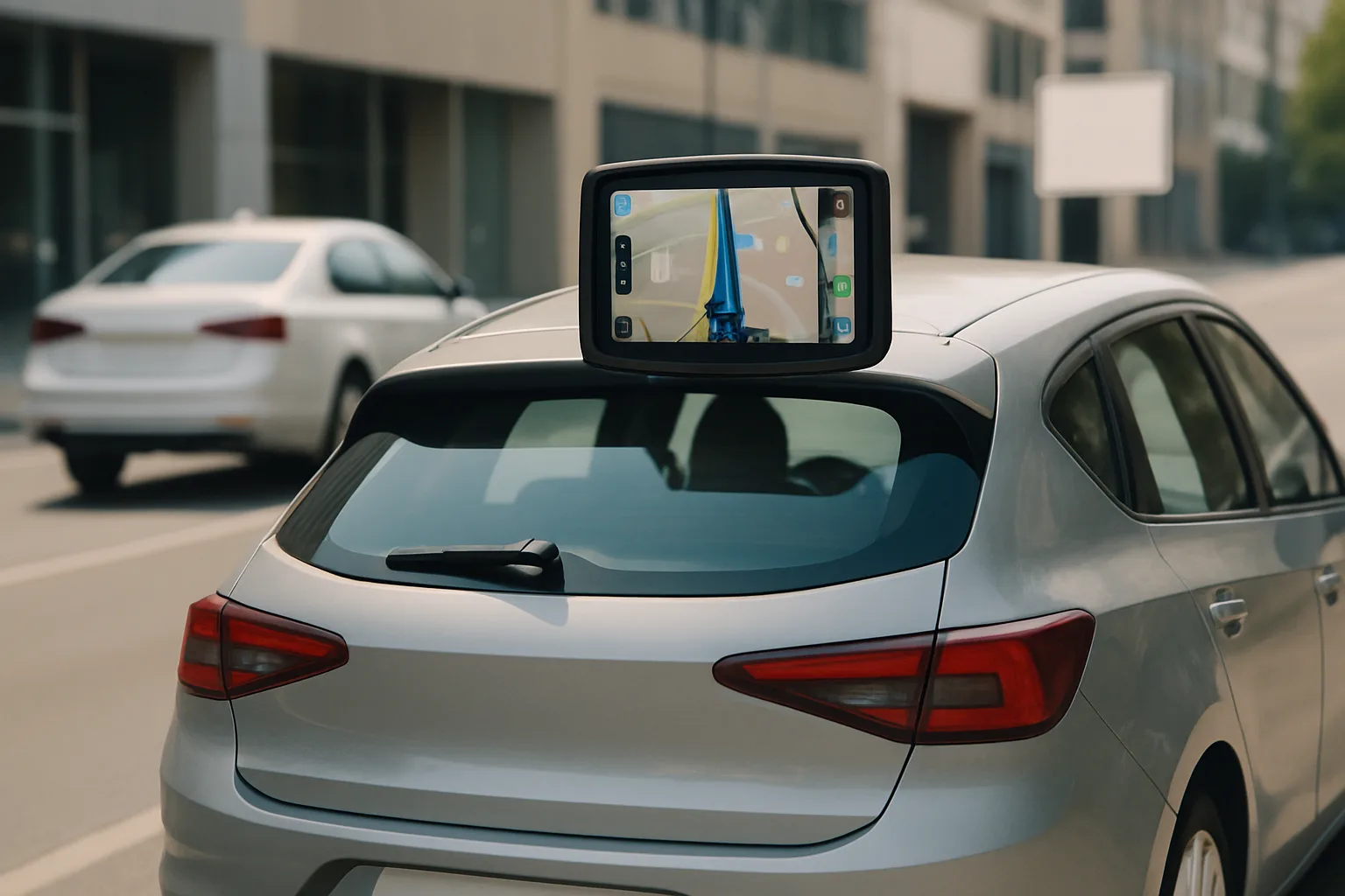 A large GPS device is superimposed on the roof of a silver hatchback parked on a sunlit city street