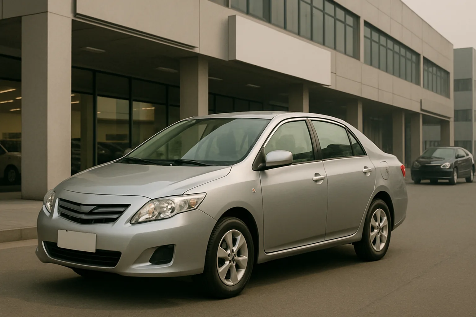 Silver four-door sedan parked on a quiet street beside a modern concrete building with large windows and soft daylight