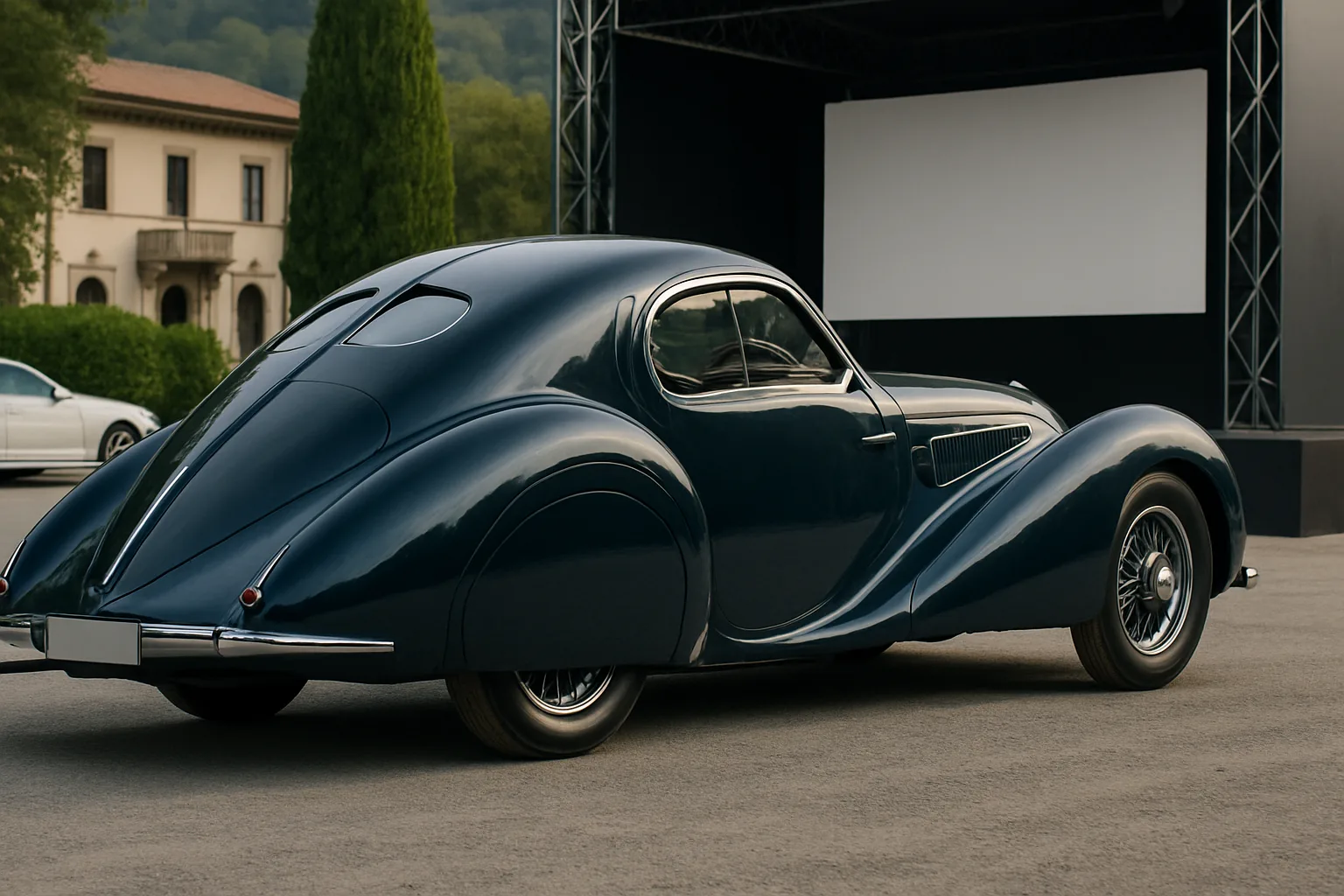 Streamlined vintage coupe with deep blue glossy curves parked outdoors, sunlight highlighting its sculpted rear and chrome details