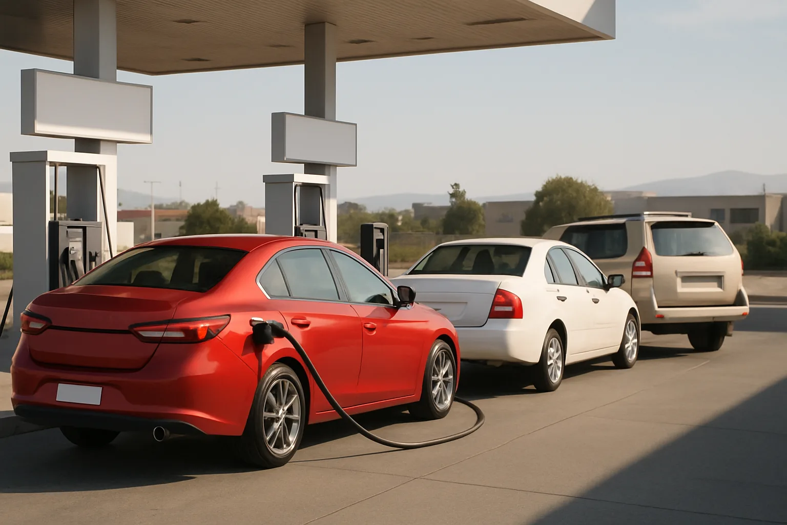 Three cars, red, white and beige, lined up side by side at a sunlit petrol station with mountains in the background