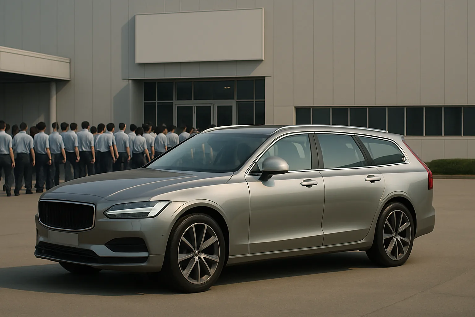 A sleek silver estate car parked on a clean driveway, with a group of uniformed people lined up near a modern building
