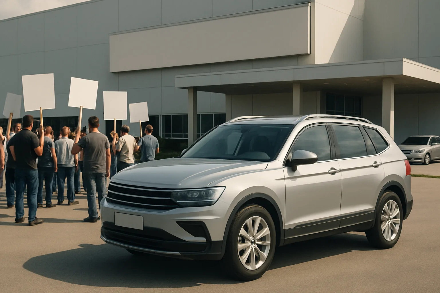 A silver SUV parked in front of a modern industrial building with a group of people holding blank protest signs nearby