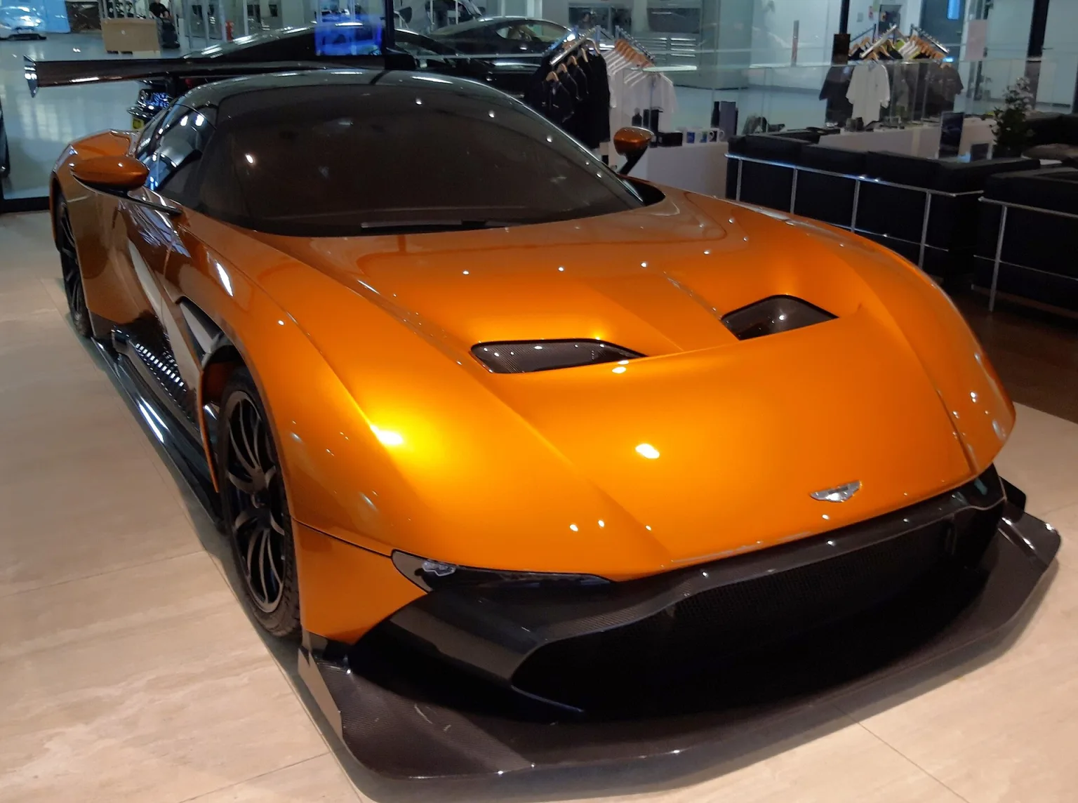 Orange Aston Martin Vulcan at the factory works