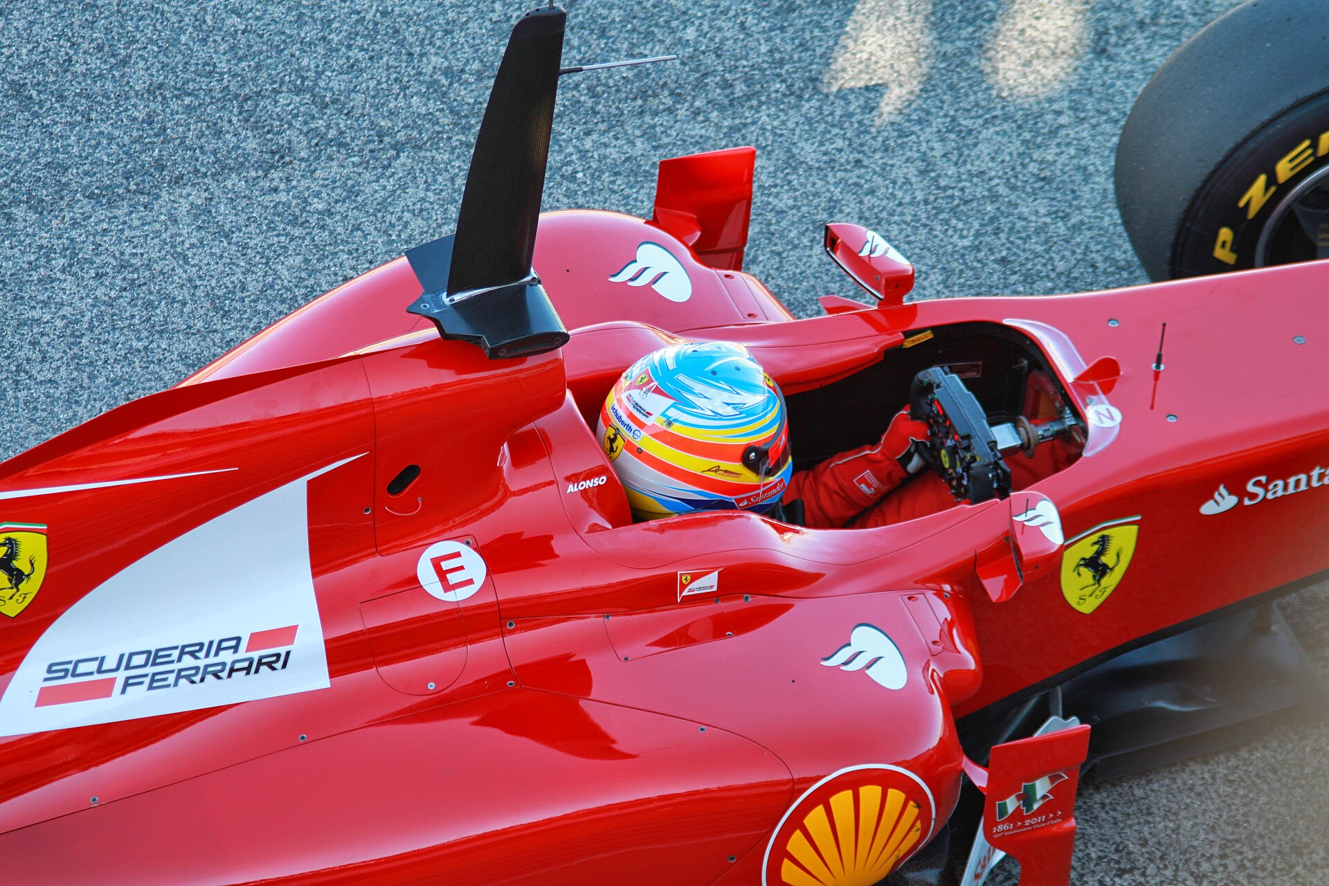Fernando Alonso driving the Ferrari F150 at 2011 Formula One testing in Valencia.