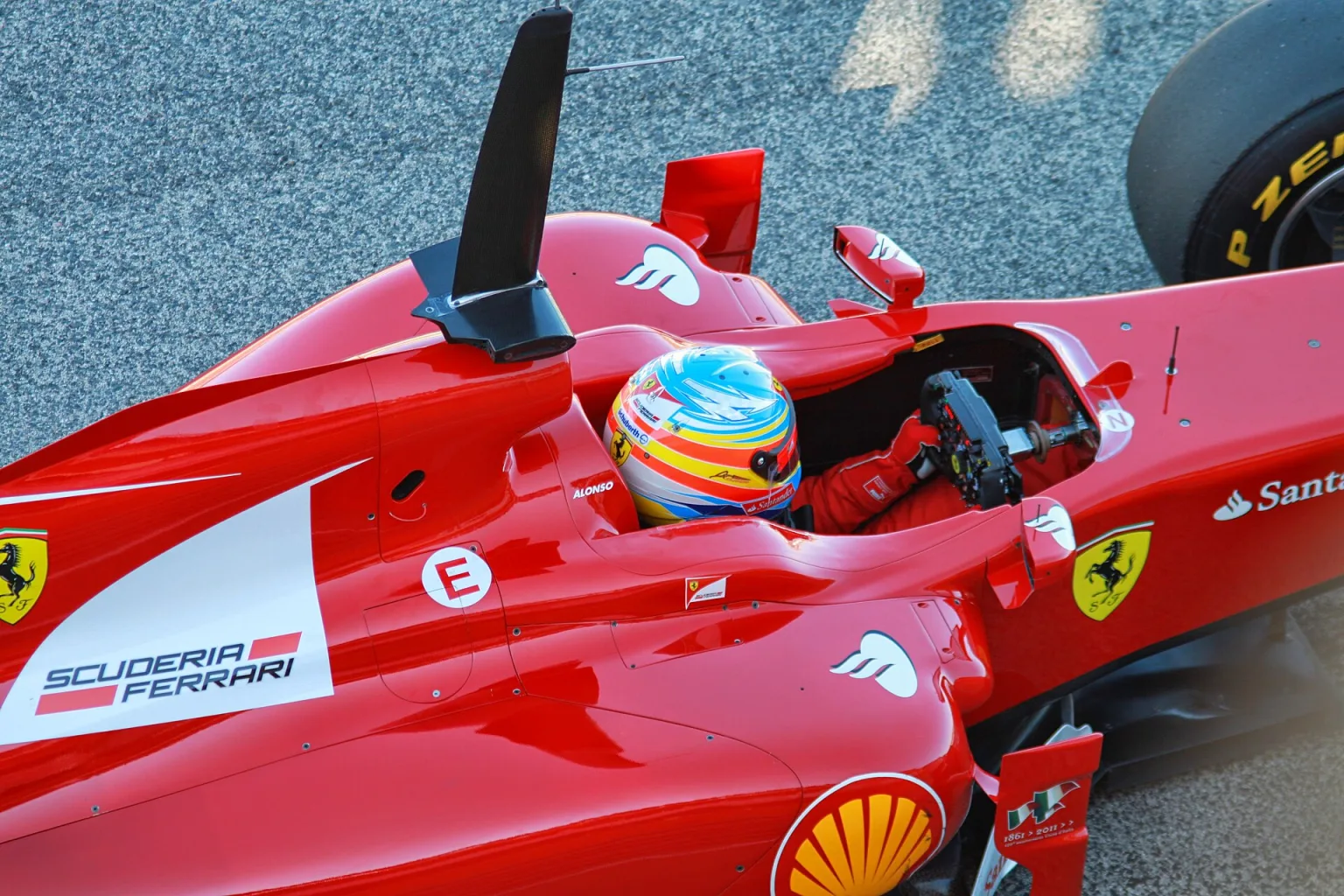 Fernando Alonso driving the Ferrari F150 at 2011 Formula One testing in Valencia.