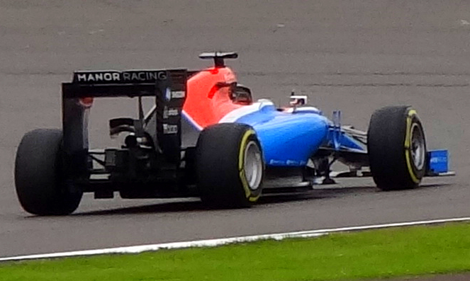 Rear view of the Manor MRT05 Formula One car in 2016.