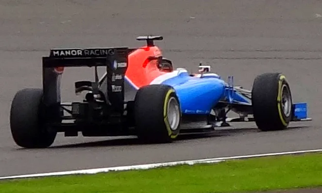 Rear view of the Manor MRT05 Formula One car in 2016.