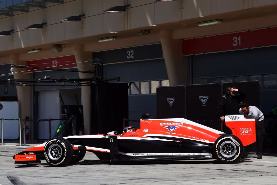Marussia MR03 in the pit during the 2014 Formula One season.