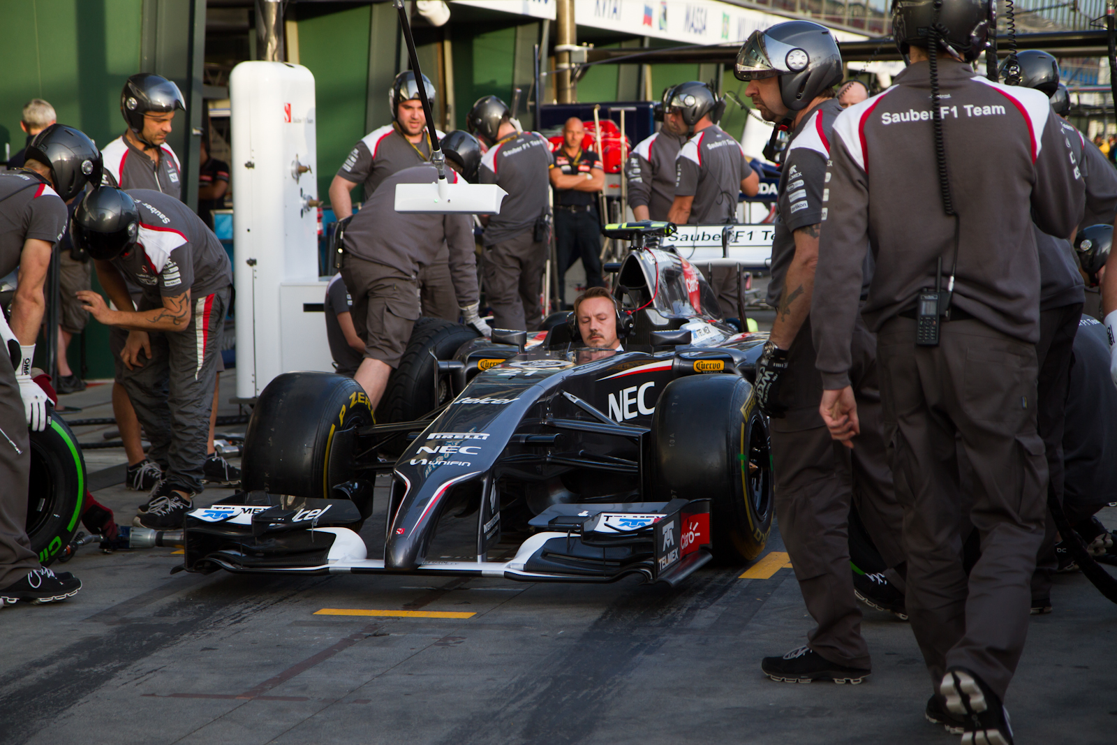 Sauber C33 in the pit lane during the 2014 Formula One season.