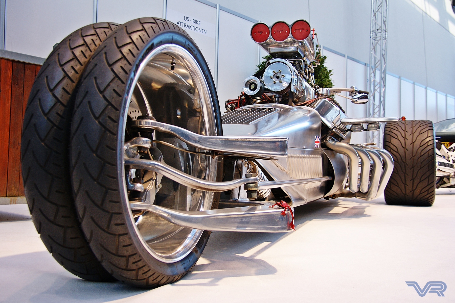 Tim Cotterill’s Rocket II trike on display at a motor show.