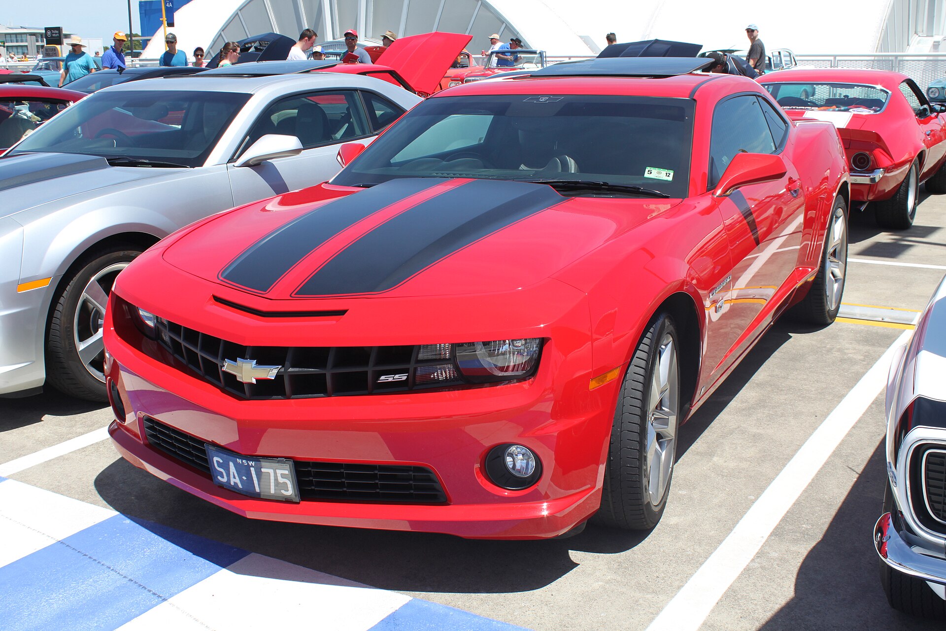 2009 Chevrolet Camaro SS in red, front three-quarter view