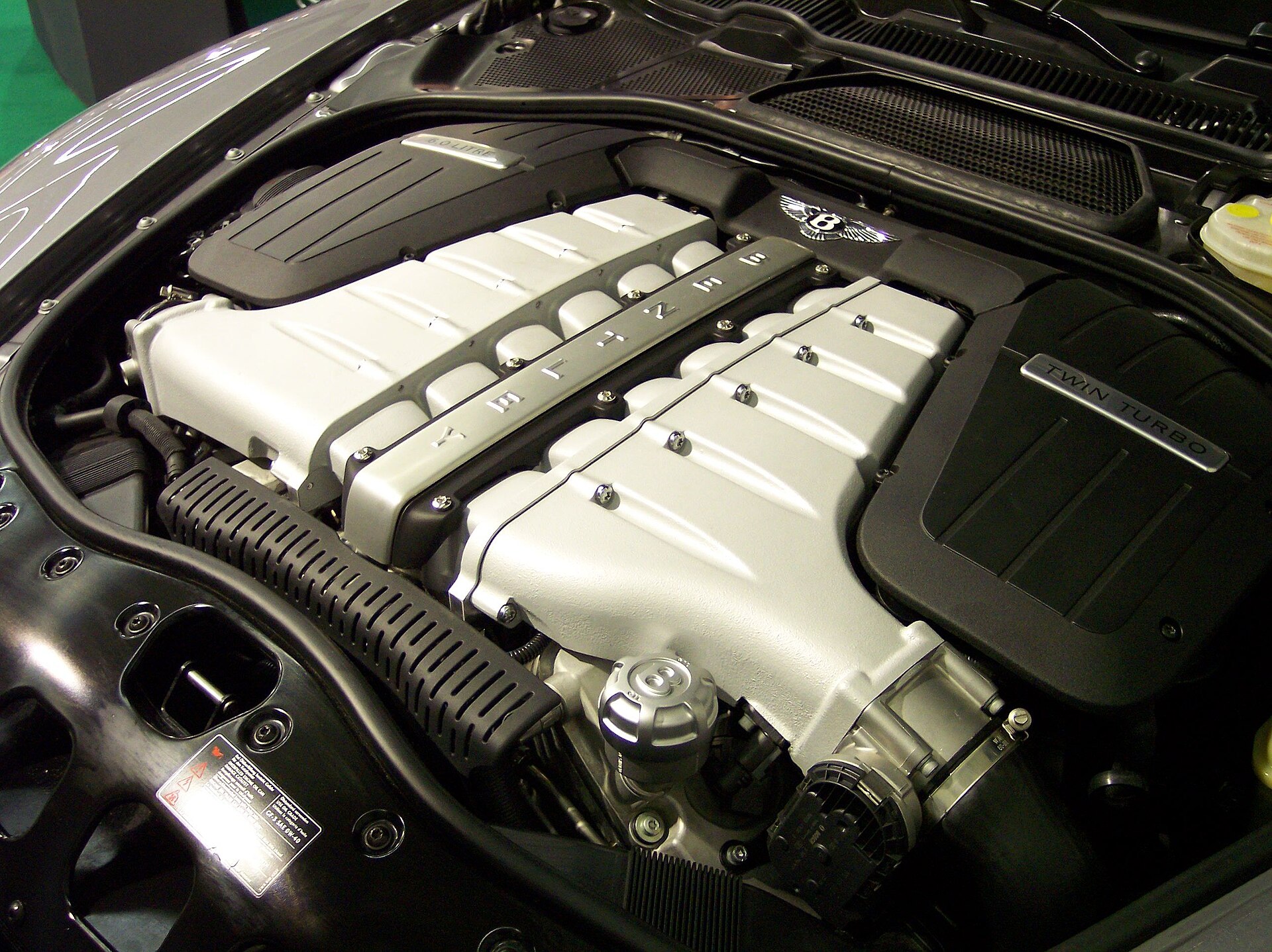 Bentley Continental Flying Spur engine bay, showing the W12 engine.