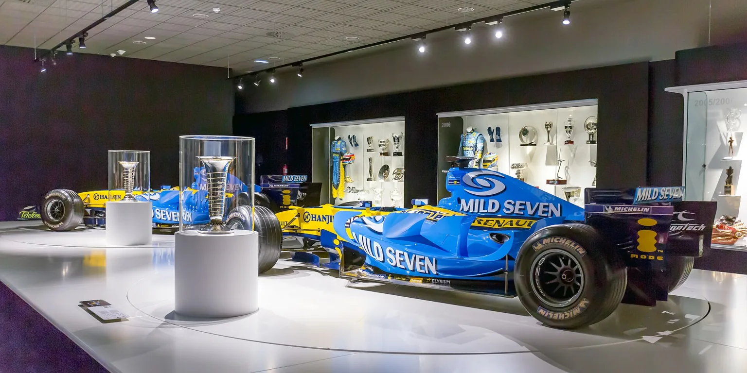 Fernando Alonso's 2005-2006 Formula 1 cars on display in 2017.