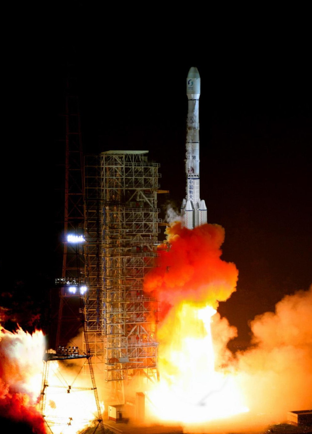 Launch of a Long March 3B rocket, as used for the 2012 Beidou satellite launch.