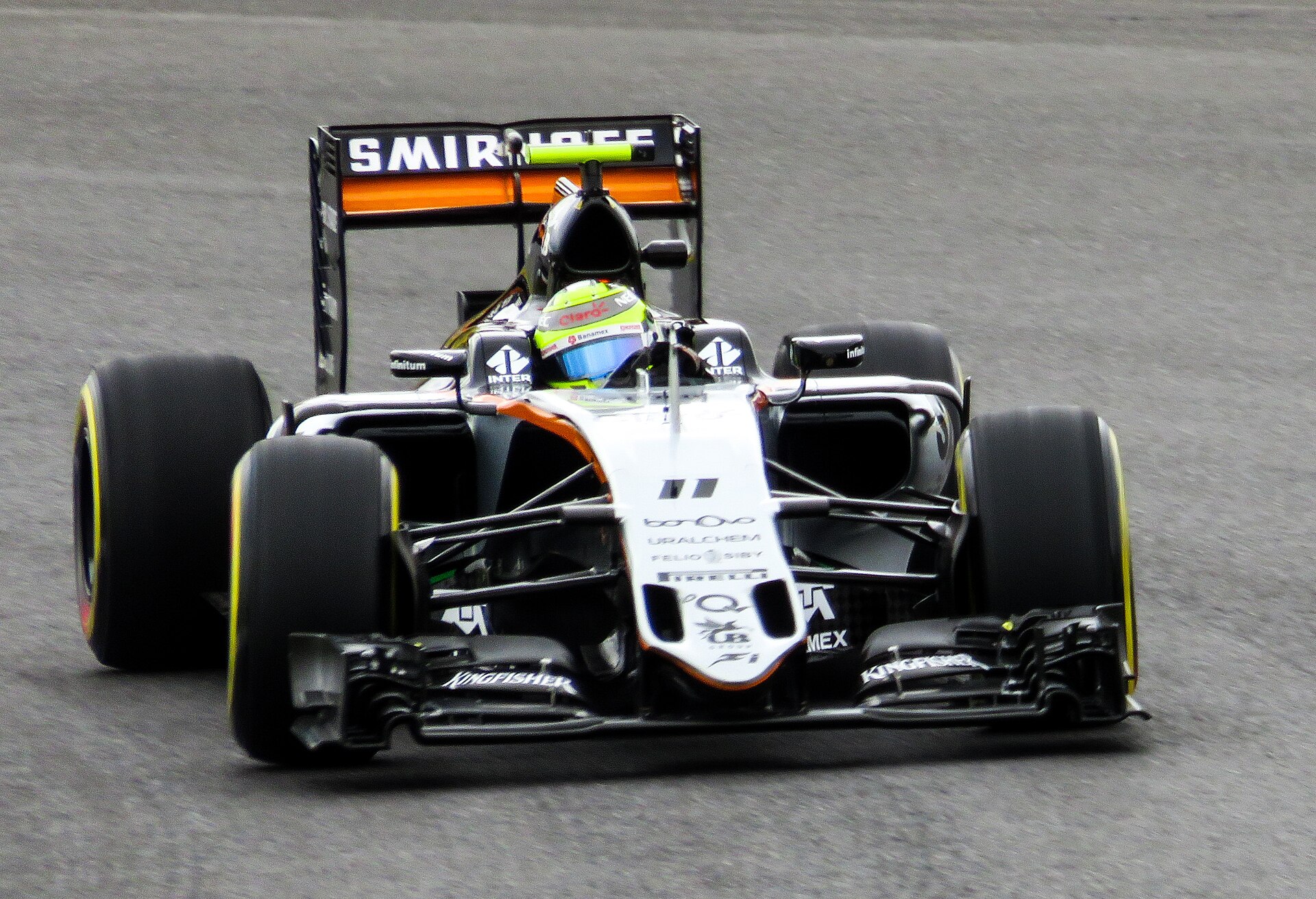 Sergio Perez driving a Force India Formula One car.