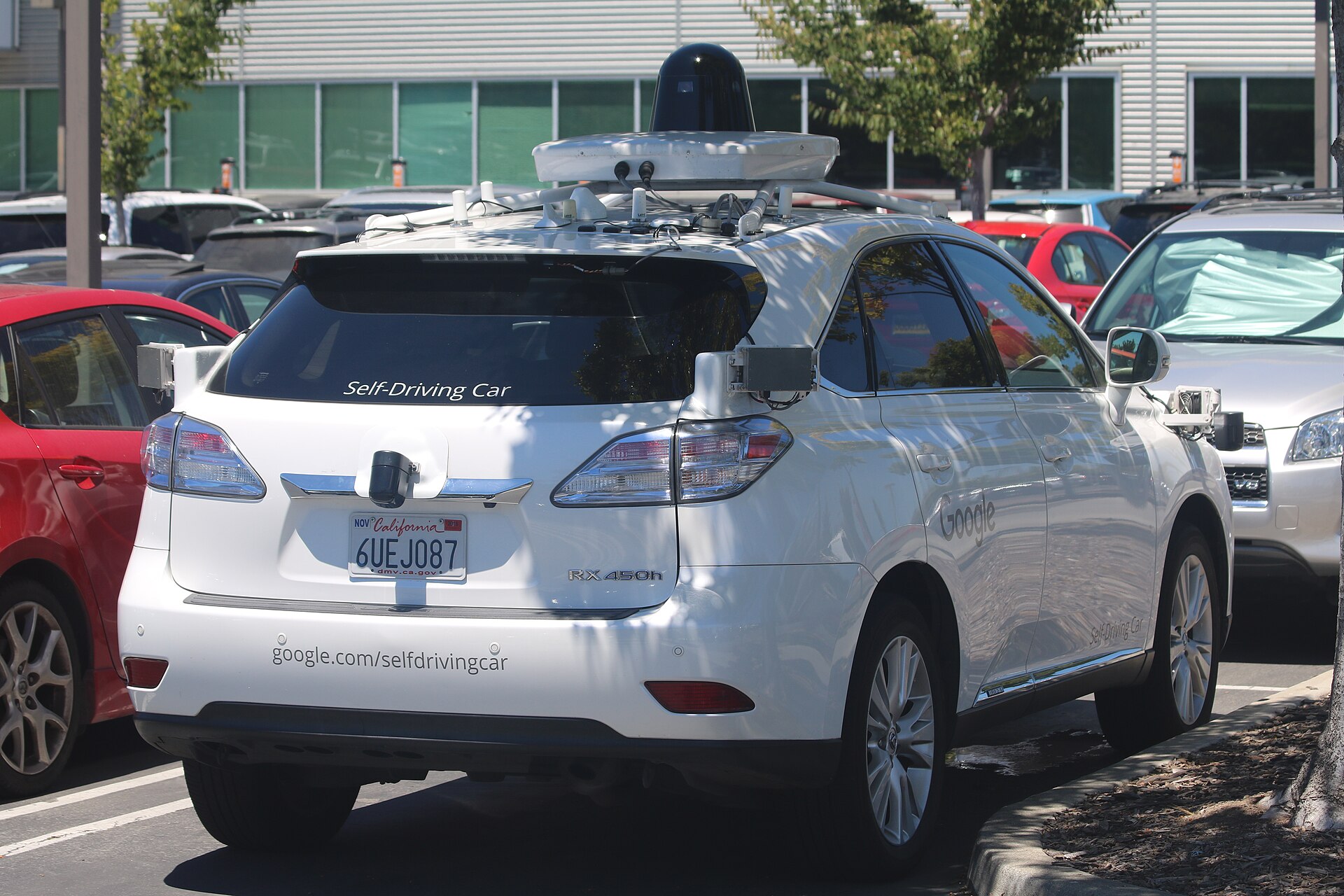 Google self-driving Lexus RX450h, rear view, as tested in Mountain View in 2015.