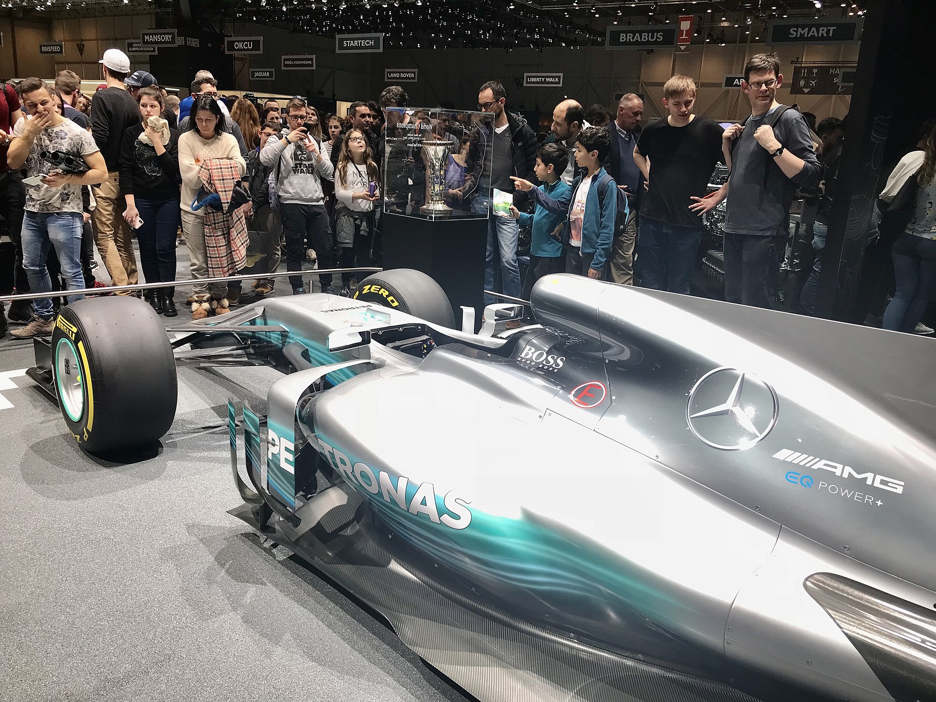 Lewis Hamilton driving the Mercedes W08 Formula One car.