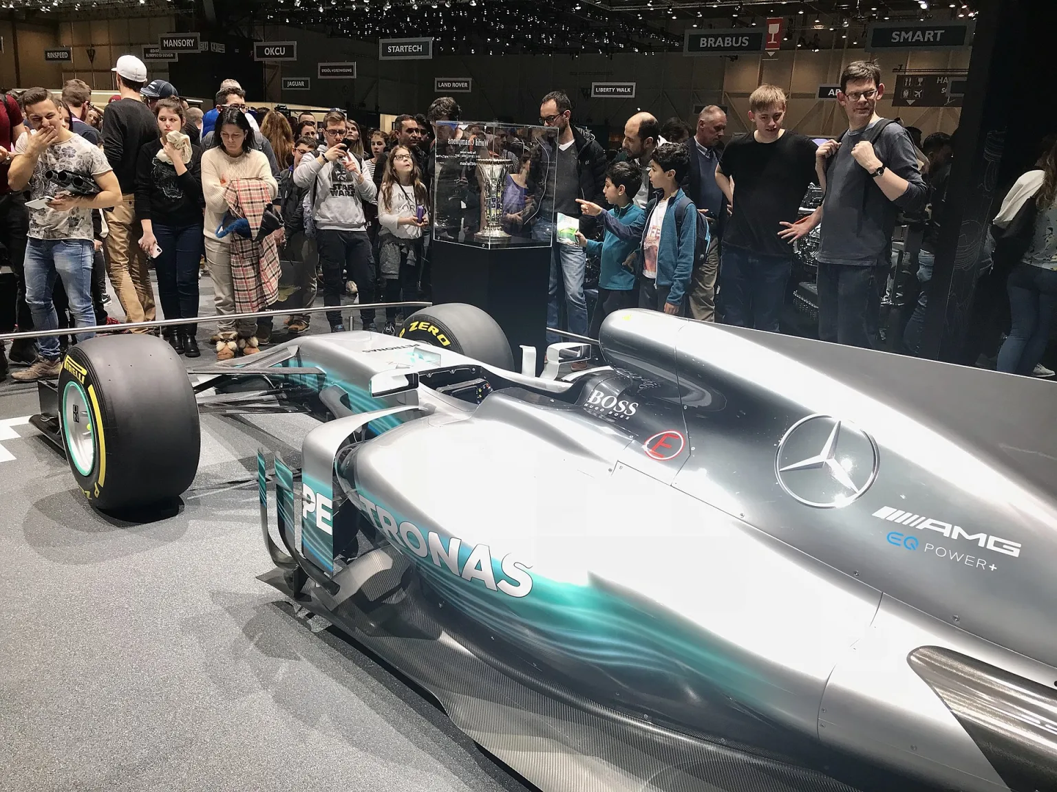 Lewis Hamilton driving the Mercedes W08 Formula One car.