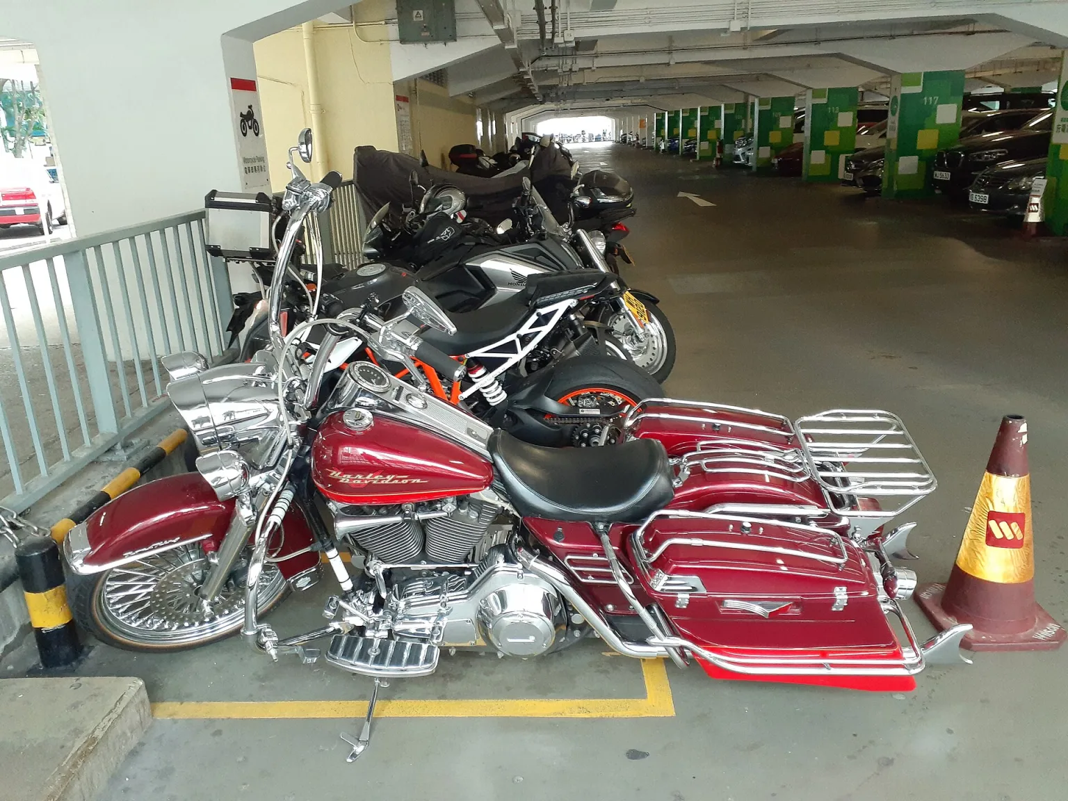 A red Harley-Davidson motorcycle parked in Hong Kong, October 2019.