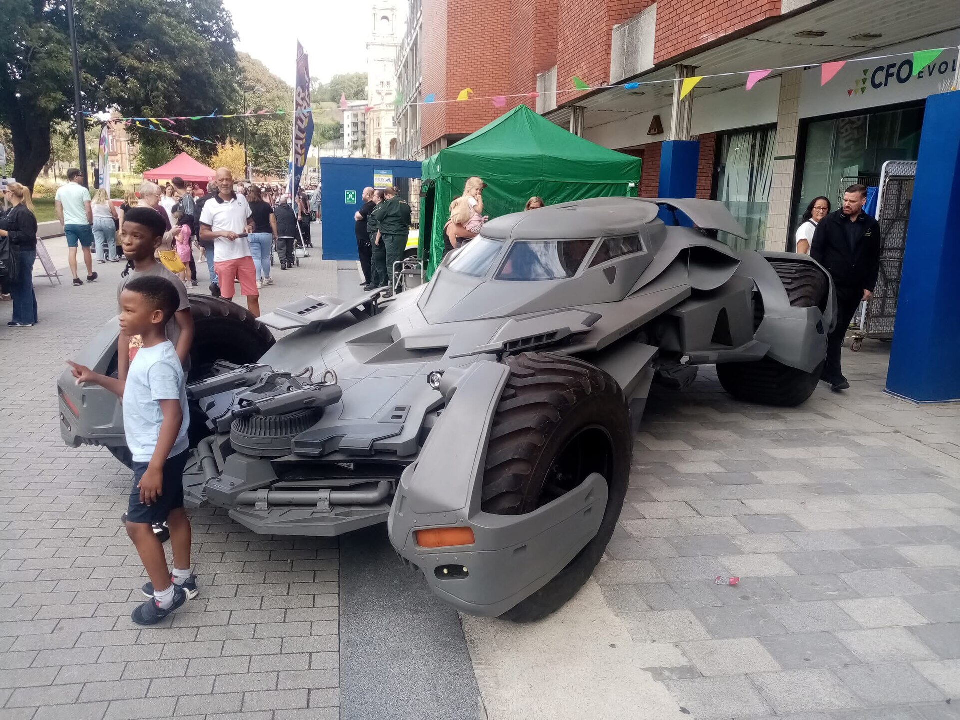Replica of the Batman v Superman Batmobile displayed in Chatham, 2025.