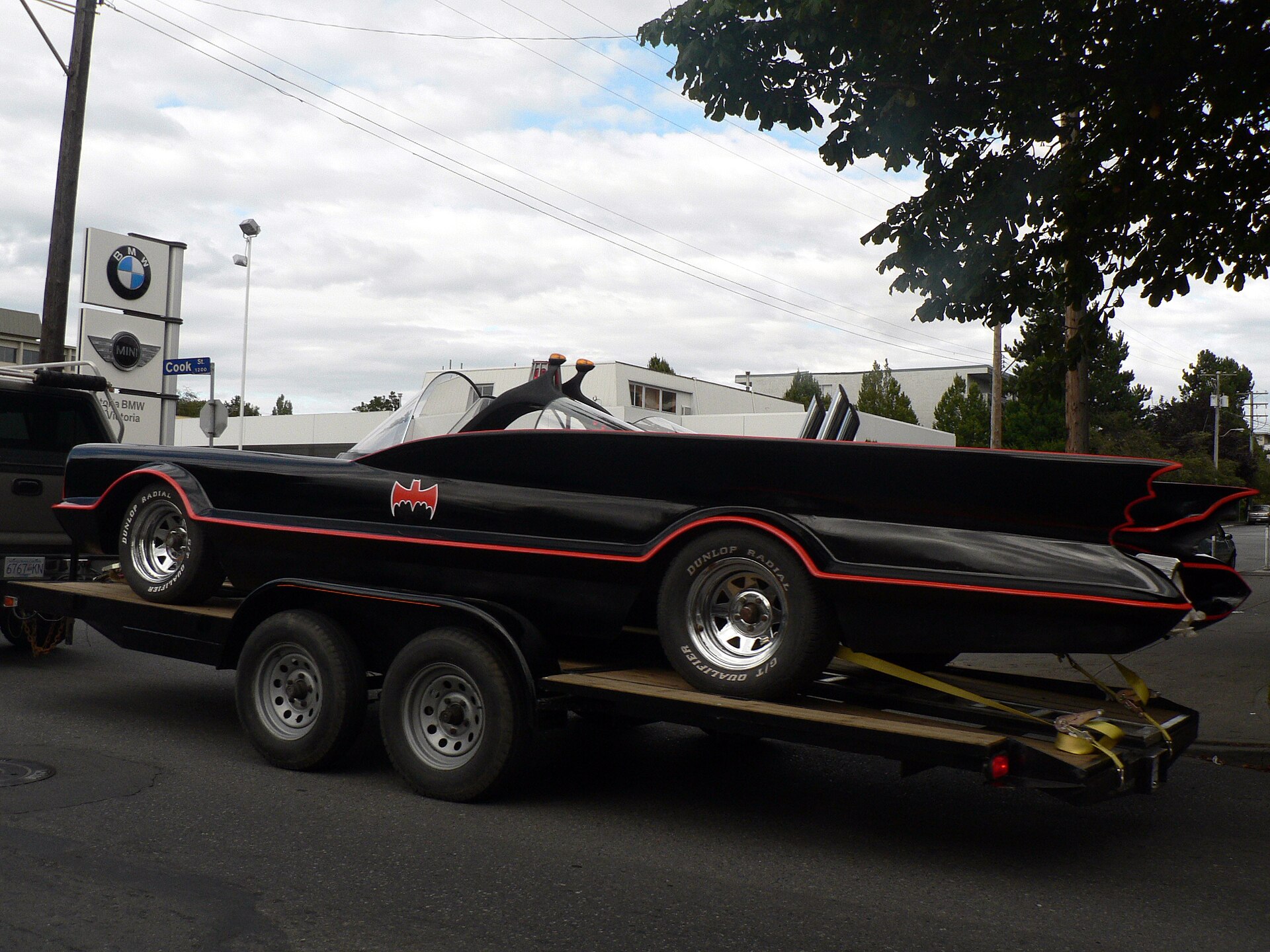 The 1966 Batmobile on a trailer, as seen in the classic TV series.