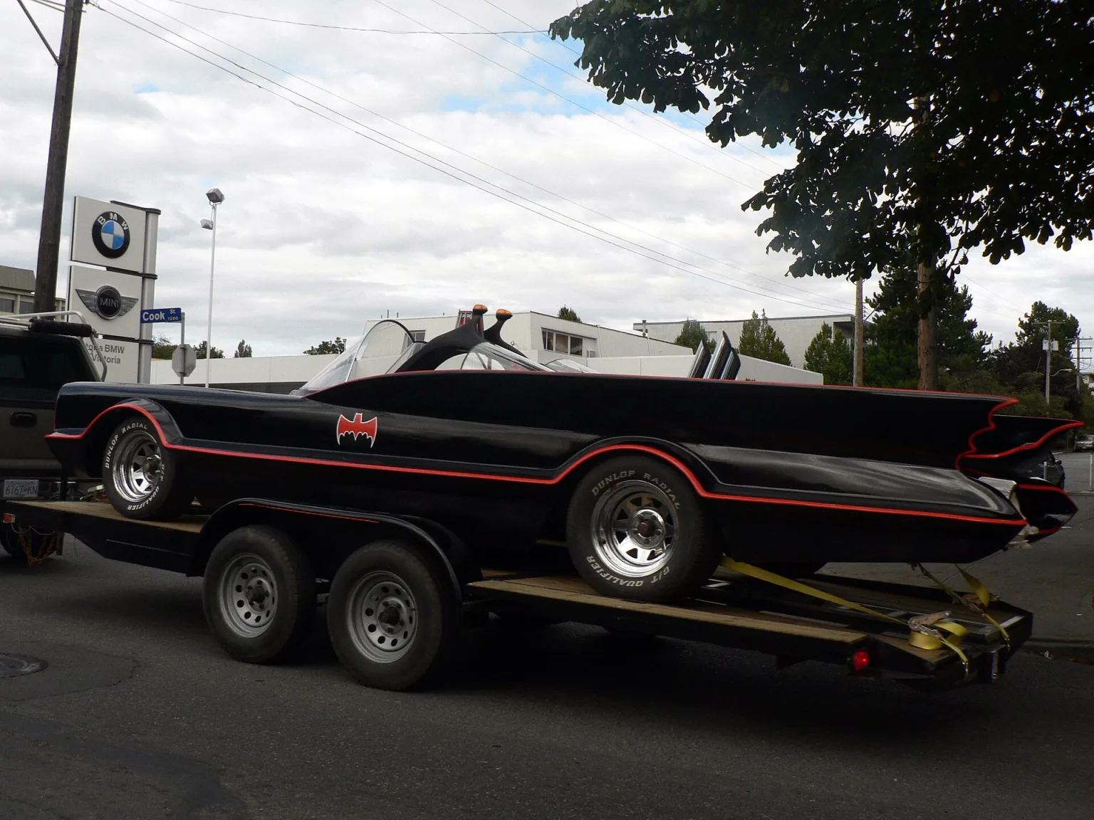 The 1966 Batmobile on a trailer, as seen in the classic TV series.