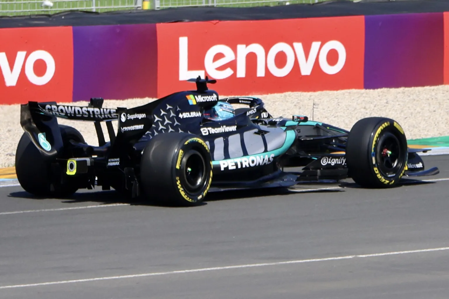 George Russell driving the Mercedes-AMG F1 W17 E Performance in 2026.