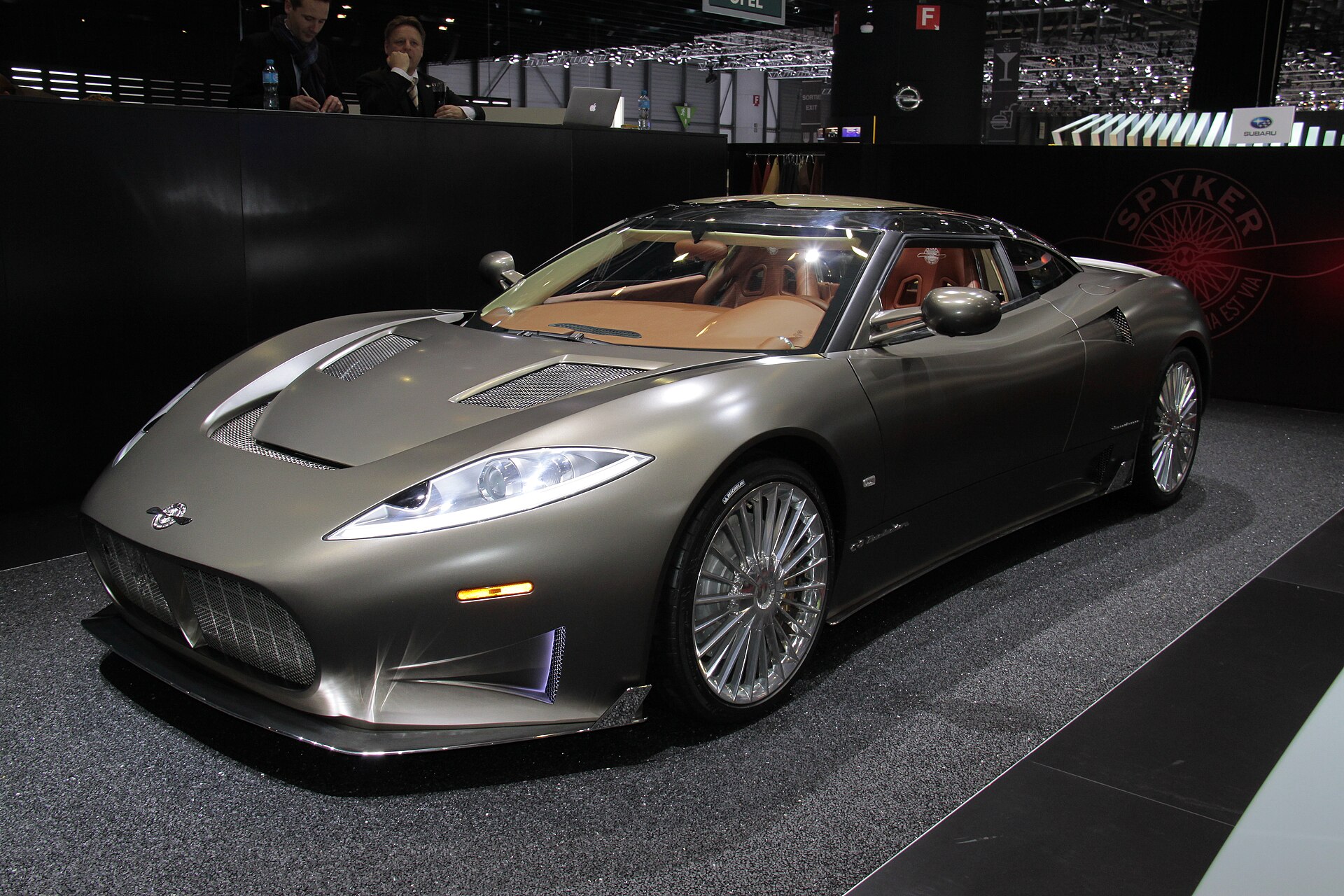 Spyker C8 Preliator at an auto show, front view