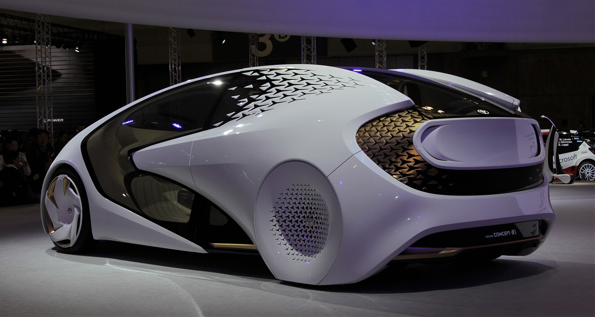 Rear view of the Toyota Concept-i at a motor show in 2017.