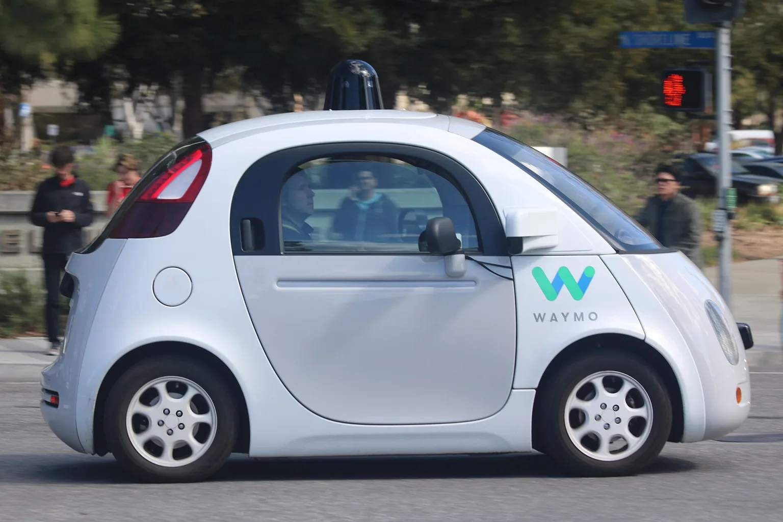 Waymo self-driving car, side view, 2017-era US autonomous vehicle