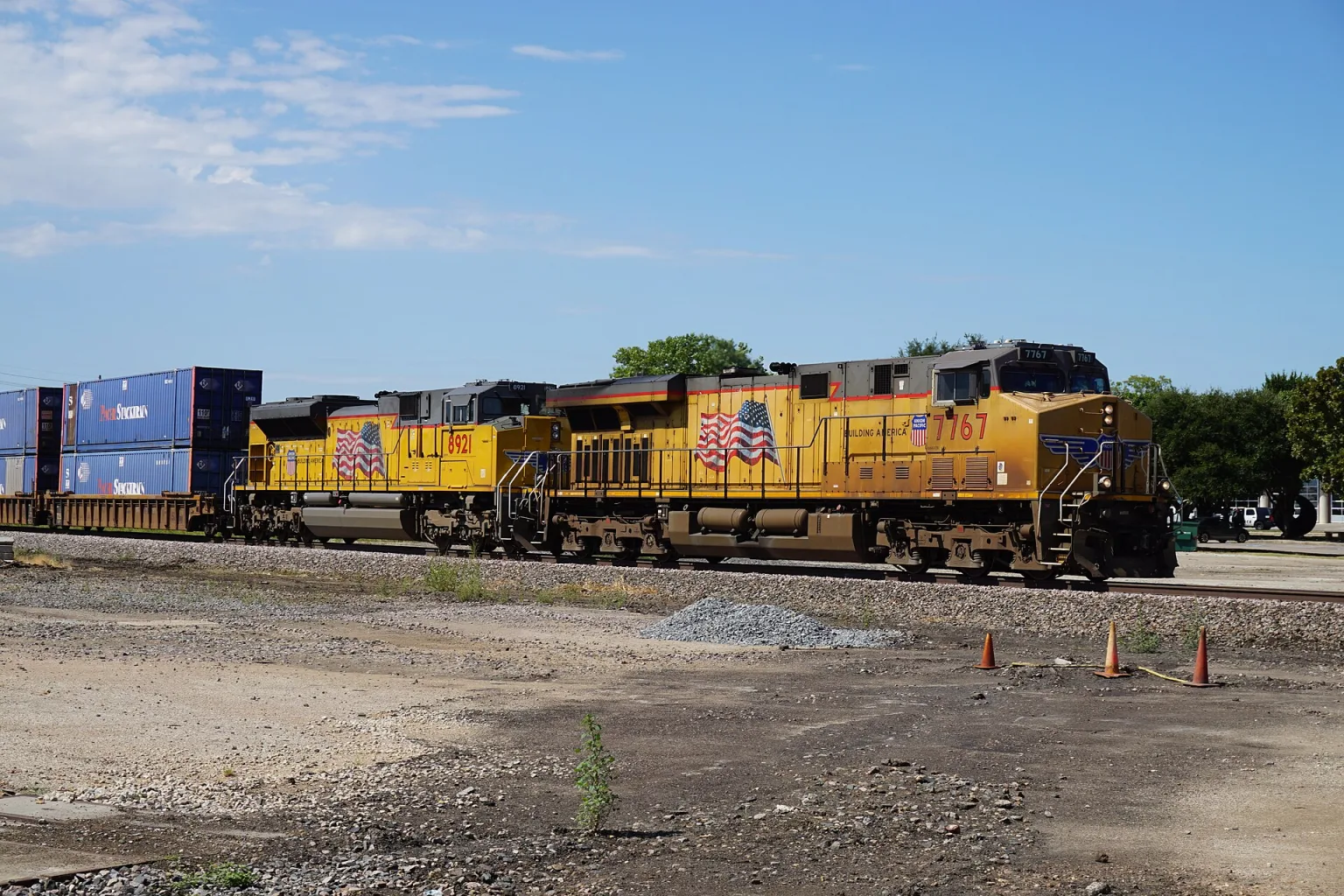 Union Pacific freight train passing through Denton
