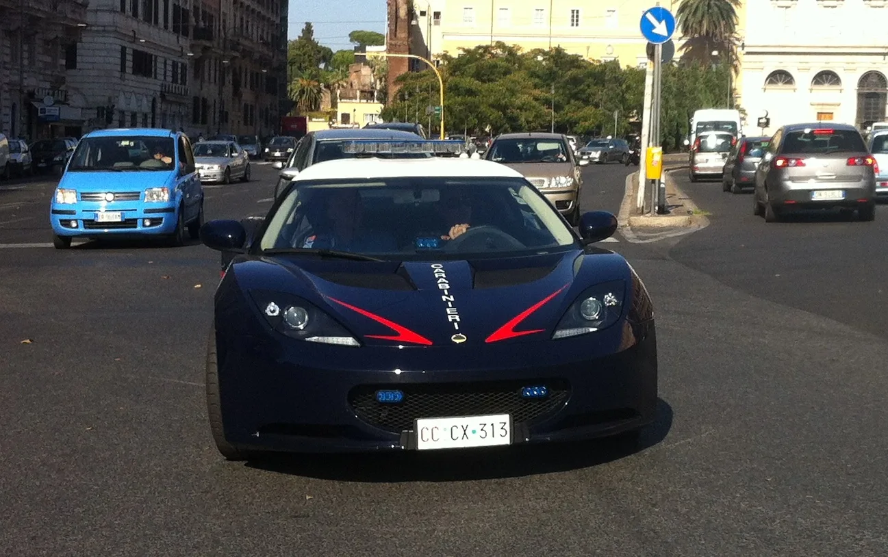 Lotus Evora S in Carabinieri livery parked on a city street