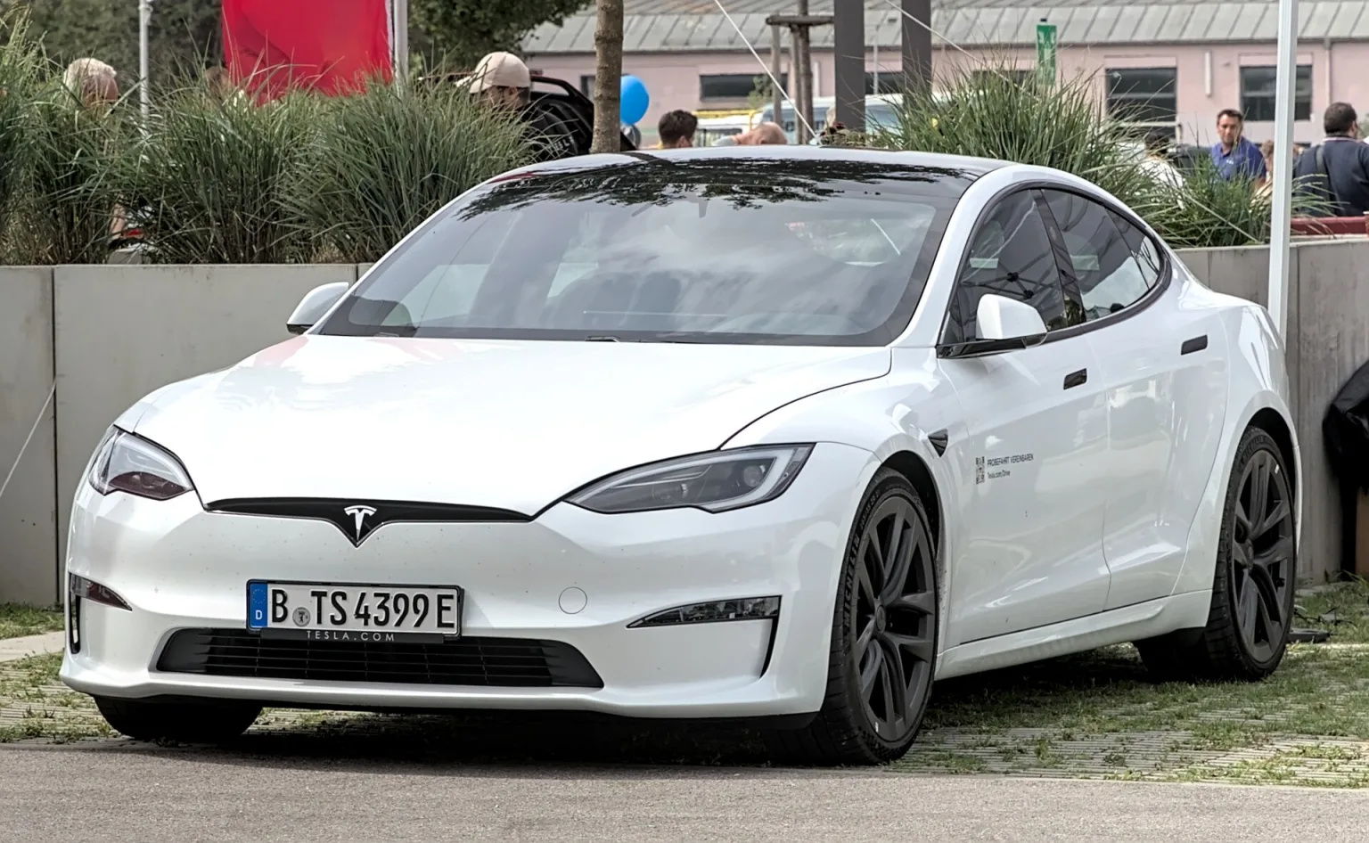 Tesla Model S (2023) parked outside Motorworld Munich